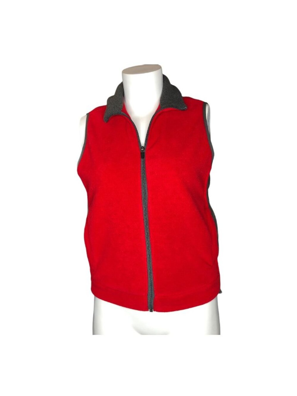 Eddie Bauer Vest Womens Small Red Gray Micro-Fleece Zip Pockets Drawstring Waist